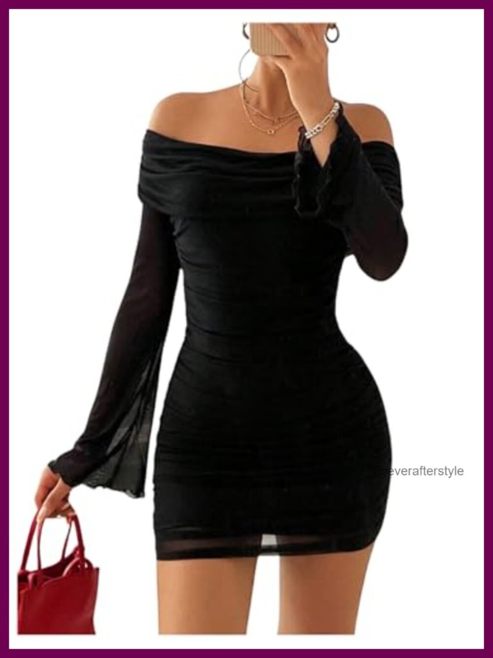 Women's Ruched Mesh Off Shoulder Long Sleeve Mini Dress